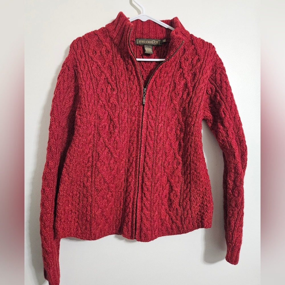Inis Crafts Fisherman Cardigan Cable Knit Sweater Merino Wool Womens Size XL Y2K